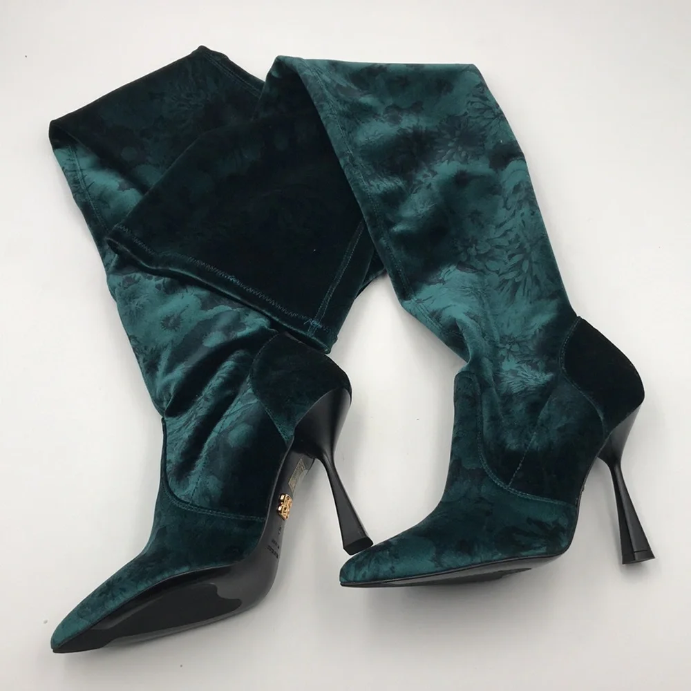 Beautiisoles by Robyn Shreiber Marilia Thigh High Green Floral Velvet Boots